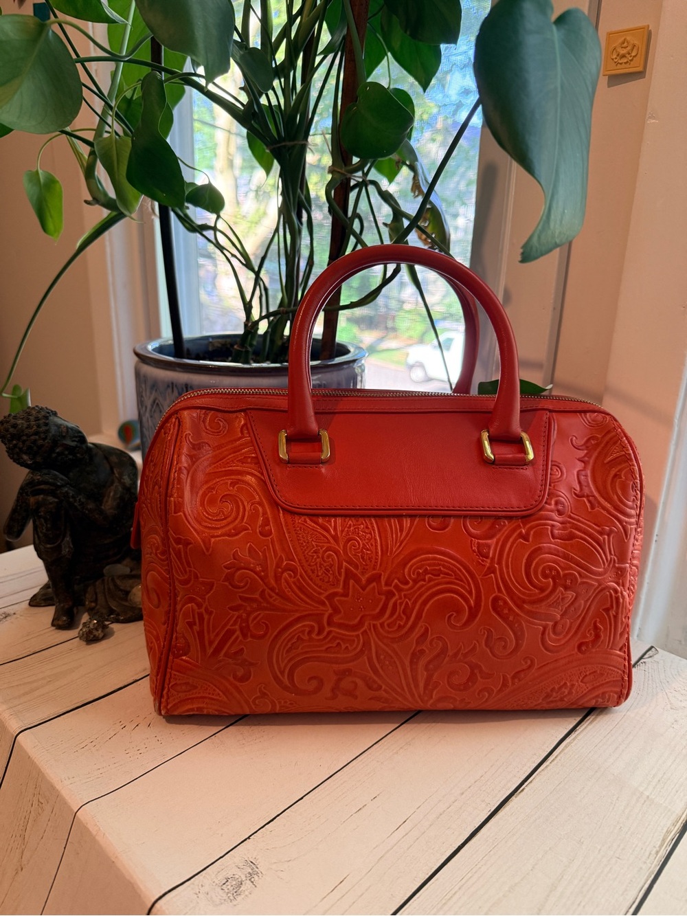 Etro Burnt Orange Paisley Embossed Leather Satchel Boston Bag - Picture 4 of 15